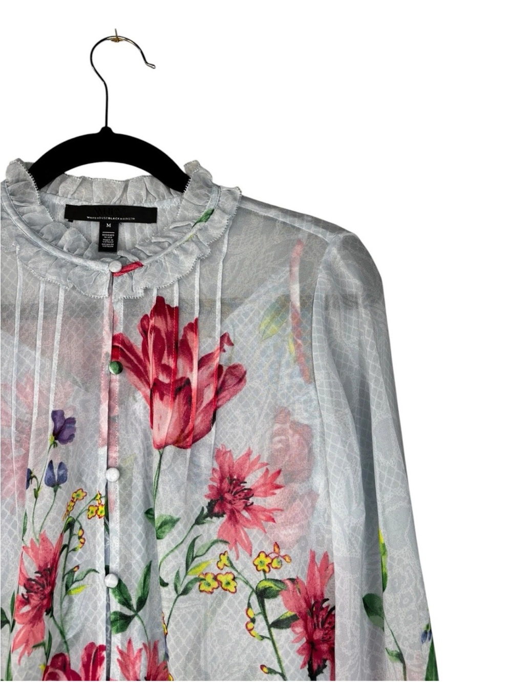 White House Black Market WHBM Blue Floral Sheer Blouse with Liner Medium M Top - Picture 3 of 5